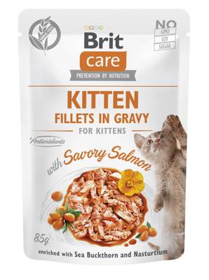 BRIT CARE Cat Kitten Fillets in Bratensoße mit herzhaftem Lachs, angereichert mit Sanddorn und Kapuzinerkresse 6x85g