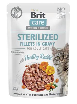 BRIT CARE Sterilisierte Katzenfilets in Soße mit Kaninchen, angereichert mit Sanddorn und Kapuzinerkresse 12x85g
