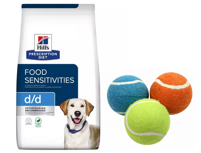 HILL'S PD Prescription Diet Canine d/d Ente und Reis (Duck and Rice) 12kg + Schwimmender Tennisball 1 Stück GRATIS!