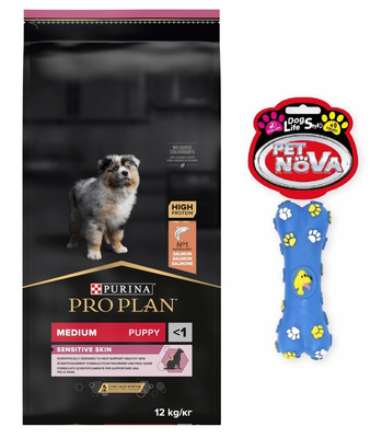 PURINA PRO PLAN Medium Puppy Sensitive Skin OPTIDERMA 12kg + Gummiknochen GRATIS!