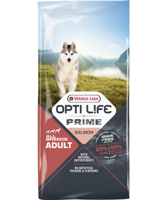 VERSELE-LAGA Opti Life Prime Adult Salmon 12,5kg - Getreidefreies Futter für ausgewachsene Hunde mit Lachs + Überraschung für den Hund