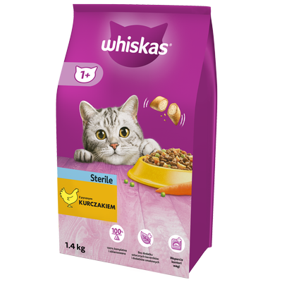 WHISKAS Steril 1,4 kg - Trockenfutter für ausgewachsene Katzen nach der Kastration, mit leckerem Huhn + GIMBORN Gim Cat Paste Anti-Hairball Duo malt 50g -3% billiger!!!