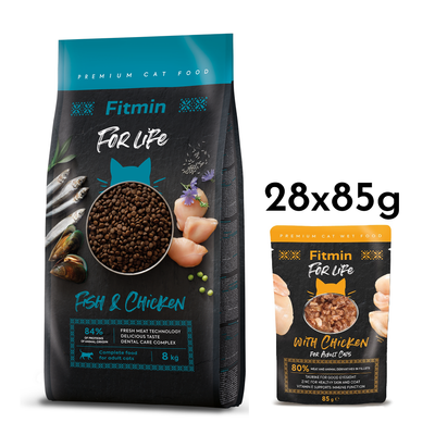 FITMIN Cat For Life Adult Fish and Chicken 8kg Fitmin + Fitmin Nassfutter 24x85g