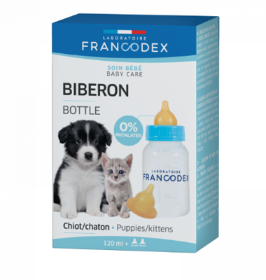 FRANCODEX Welpen- & Kätzchen-Futterflasche 120 ml + 2 Nippel