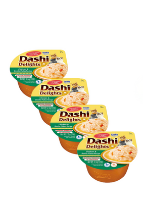 Inaba DASHI Ergänzungsfuttermittel für Katzen - Brühe mit Jakobsmuschel- und Hühnergeschmack 4x70g 