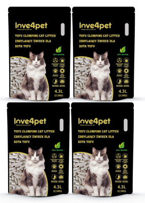 Love4pet super klumpende Tofu-Streu 4x2.5kg 4.3L für Katzen