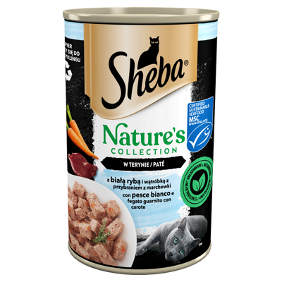SHEBA Dose 400 g Nature's Collection - Nasses Alleinfuttermittel für ausgewachsene Katzen, mit Weißfisch und Leber mit Karottenaufstrich, in Terin