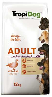 TROPIDOG Premium adult medium & large breed Ente mit Reis 12kg + Überraschung für den Hund